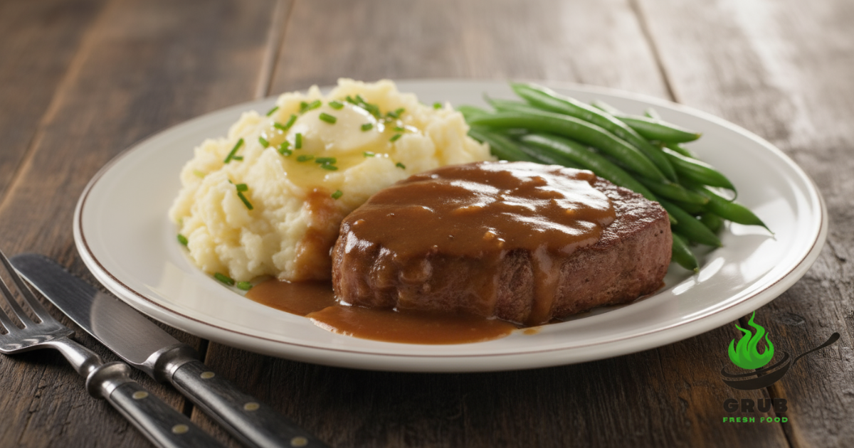 Cooking with round steak served with gravy, mashed potatoes, and green beans.