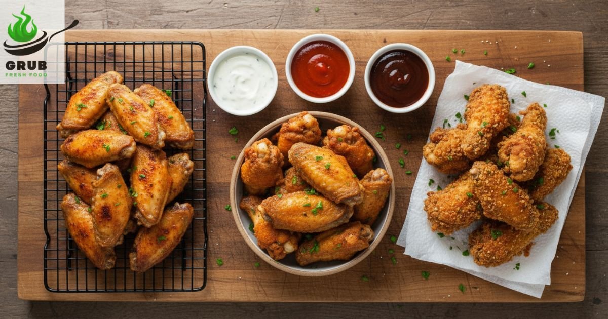 Crispy chicken wings made three ways, oven-baked, air-fried, and deep-fried, served with dipping sauces.