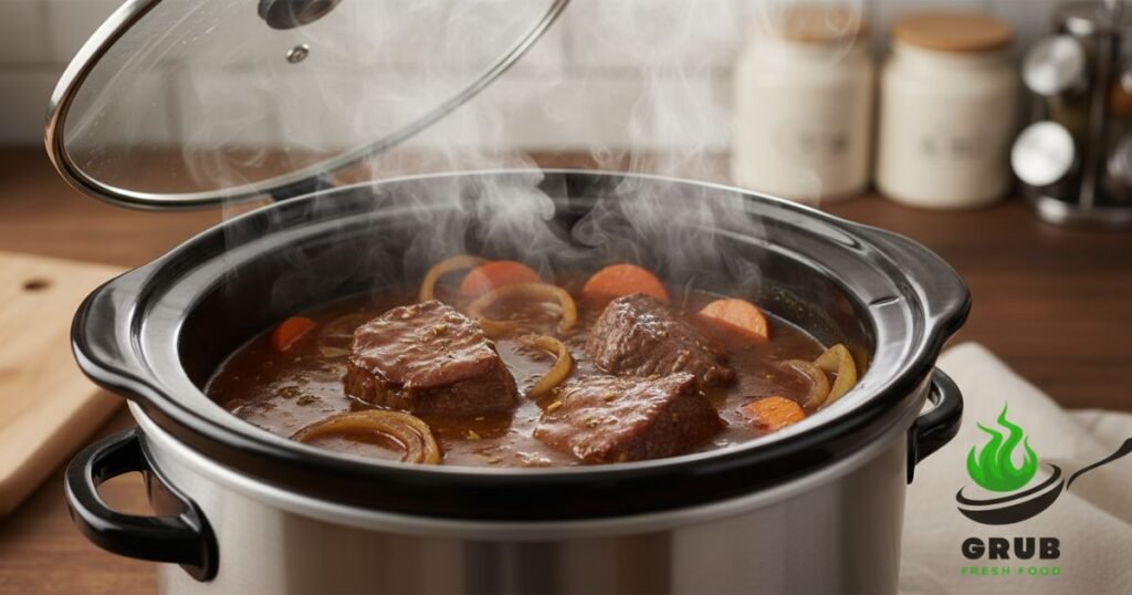 Crockpot round steak cooking slowly with gravy, onions, and carrots.