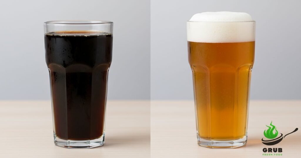 Glass of malt non alcoholic drink next to a glass of beer.