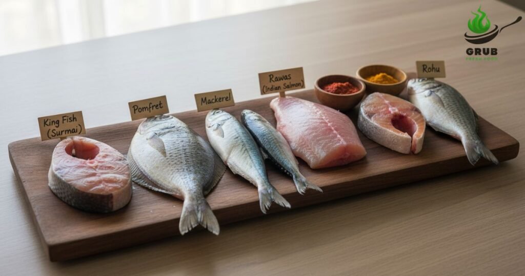 Different fish types used for rava fry including Surmai, Pomfret, Mackerel, Rawas, and Rohu.