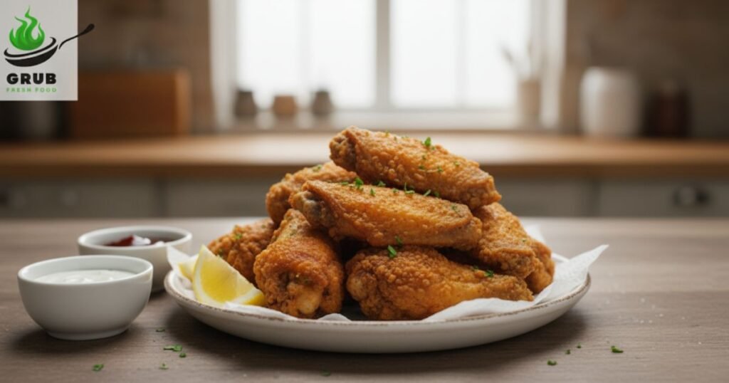 Fried crispy chicken wings on a plate with dipping sauce.