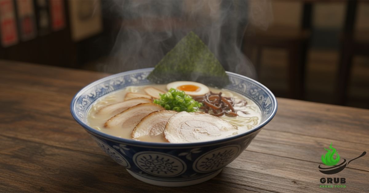 Hakata ramen with tonkotsu broth, noodles, chashu pork, soft boiled egg, and nori.