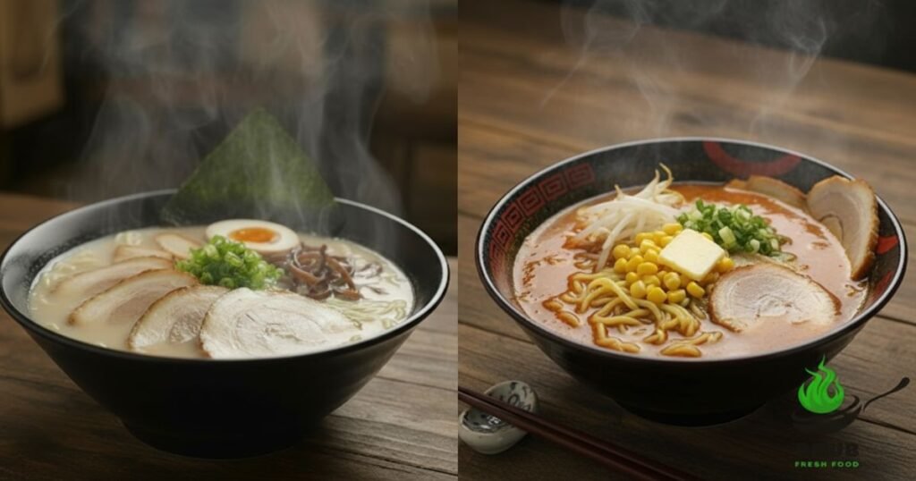Comparison of Hakata ramen and miso ramen in side-by-side bowls.