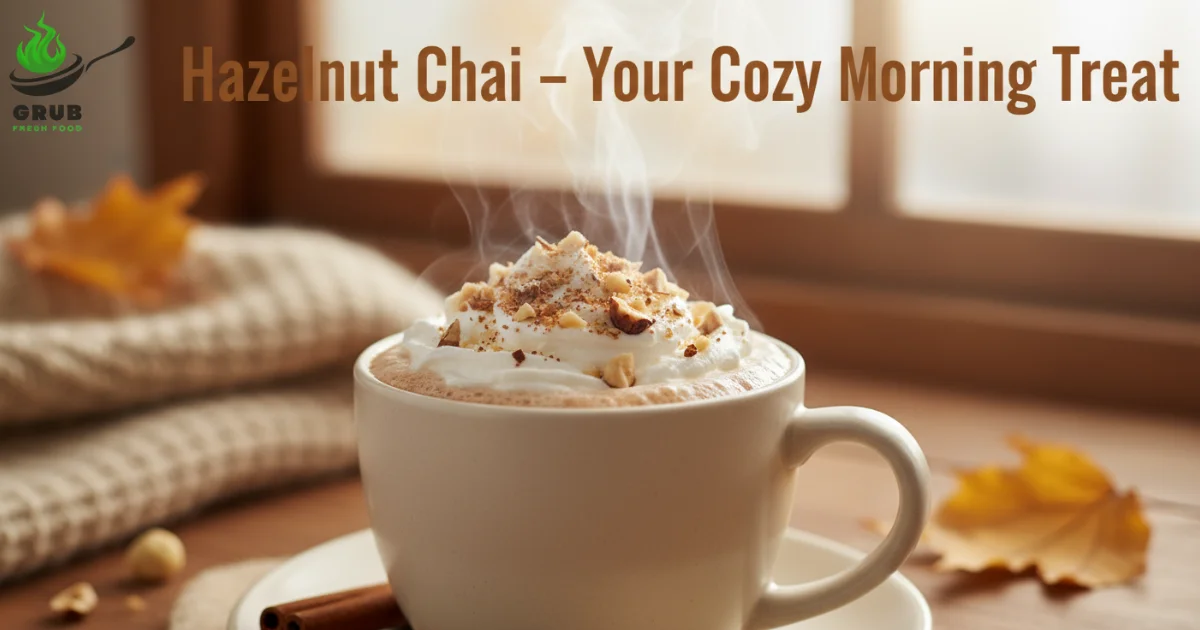 Cup of Hazelnut Chai latte with whipped cream and chopped hazelnuts in a cozy autumn setting