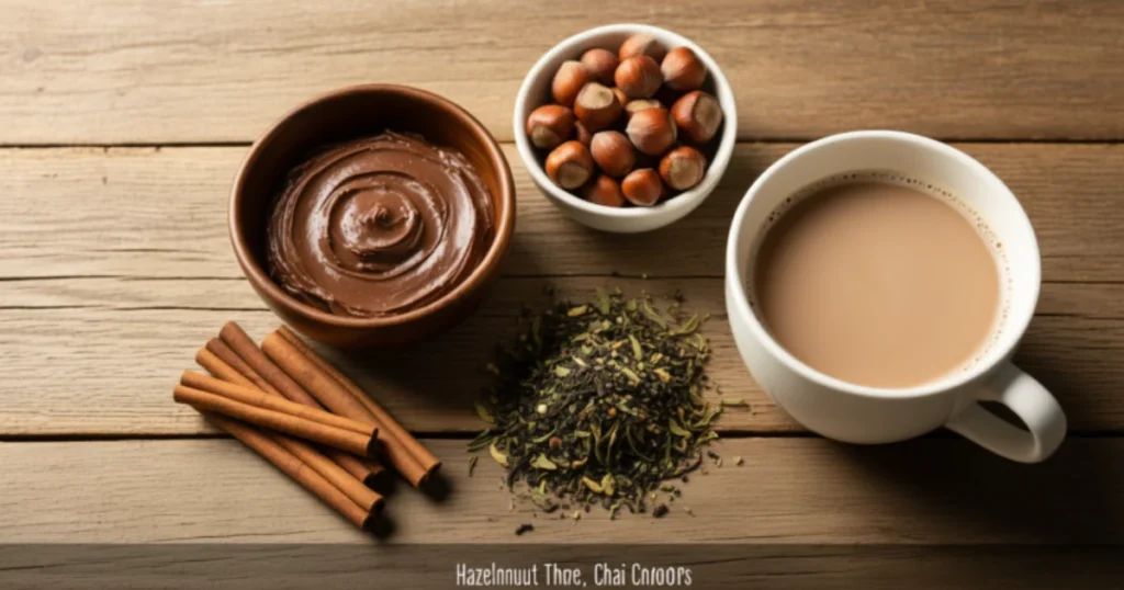 Ingredients for Hazelnut Chai including chocolate-hazelnut spread, hazelnuts, chai tea, and cinnamon sticks