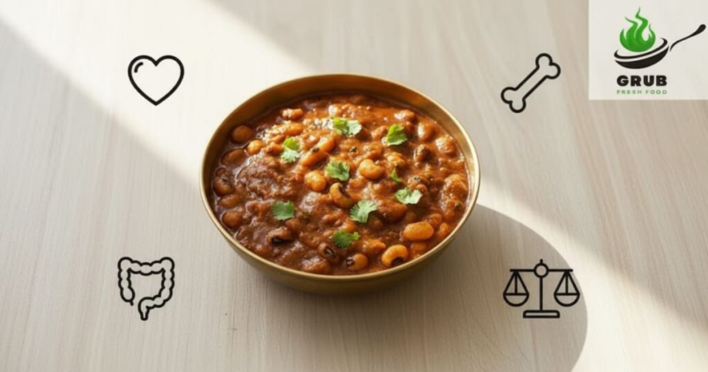 Chowli beans with icons showing health benefits.