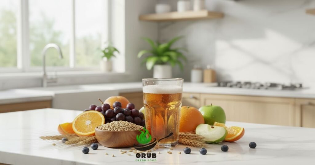 Glass of malt non alcoholic drink with barley and fruits for health benefits.