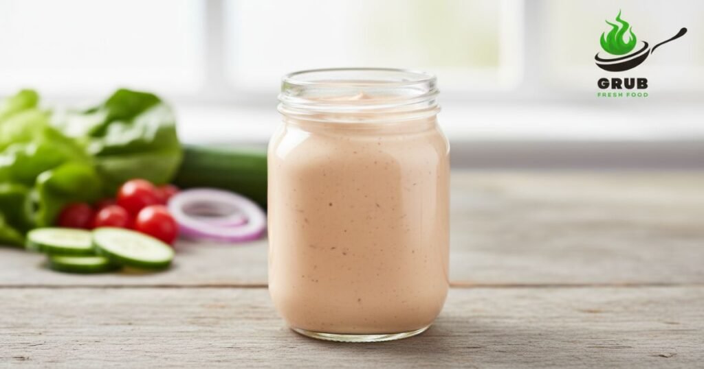 Homemade Russian Salad Dressing in a glass jar with fresh salad ingredients