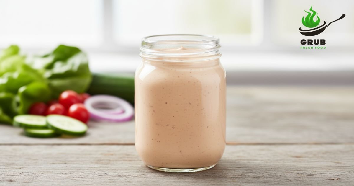 Homemade Russian Salad Dressing in a glass jar with fresh salad ingredients
