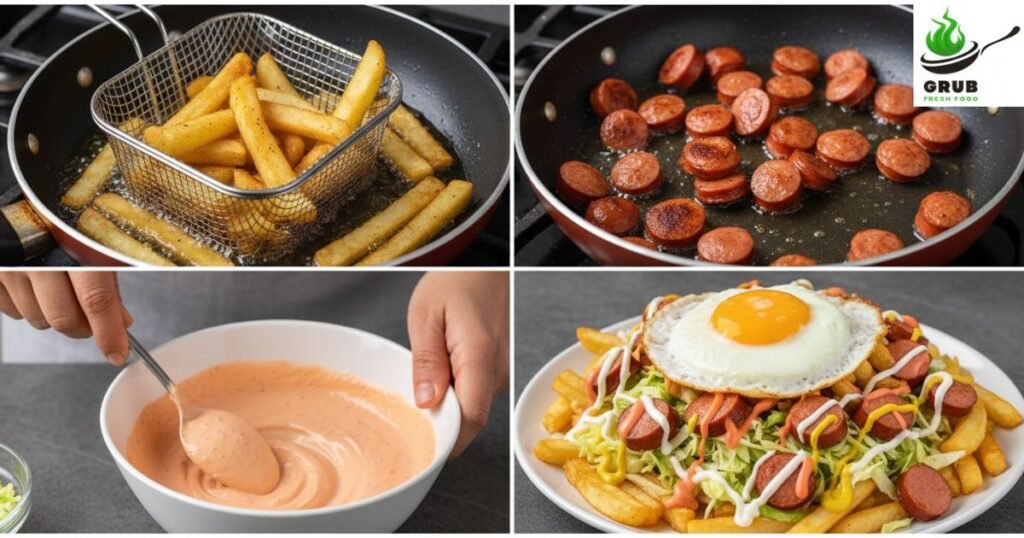 Step-by-step process of making Colombian salchipapa with fries, sausages, and pink sauce.