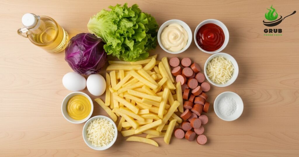 Ingredients for Colombian salchipapa including potatoes, sausages, sauces, and toppings.