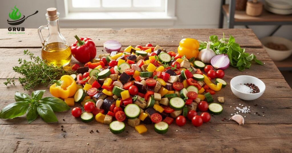 Fresh ingredients for ratatouille including eggplant, zucchini, bell peppers, onion, tomatoes, and herbs.
