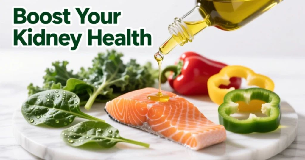 Kidney-healthy superfoods including olive oil, fatty fish, and bell peppers with text overlay “Boost Your Kidney Health”