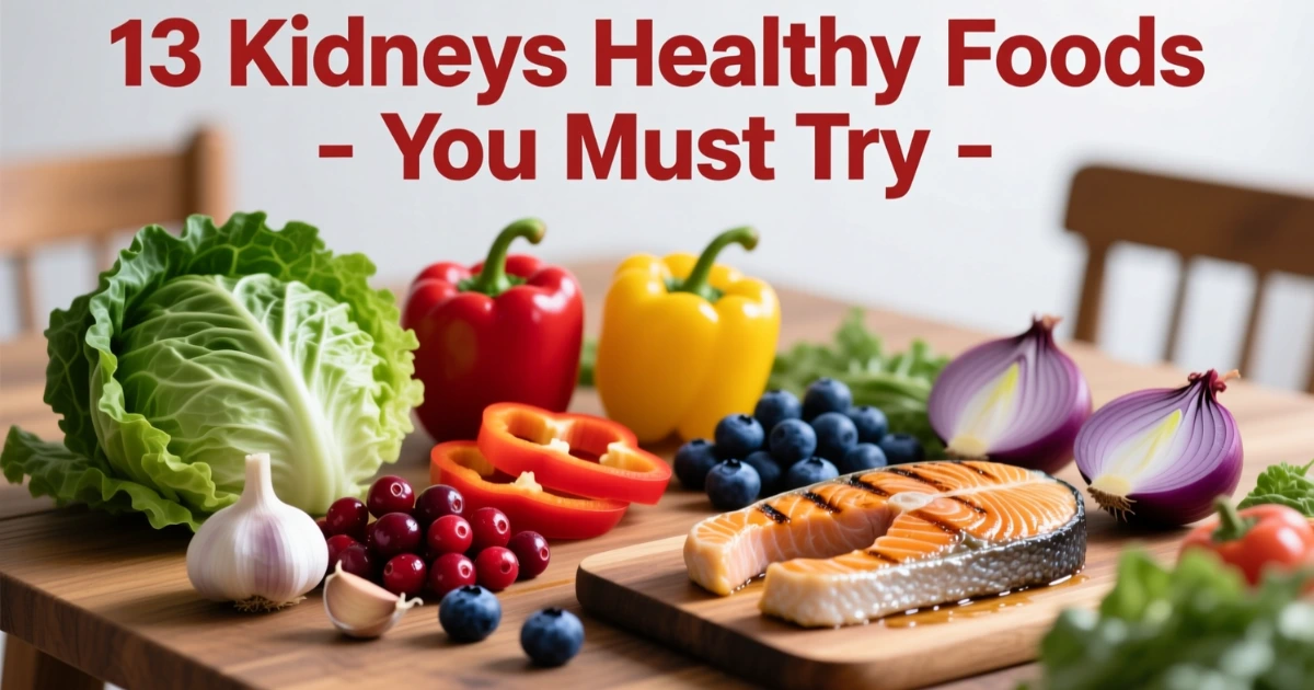 Plate of kidney-healthy foods with text overlay “13 Kidneys Healthy Foods You Must Try”
