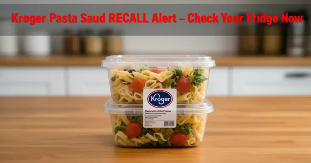 Kroger pasta salad recall alert image with warning text overlay.
