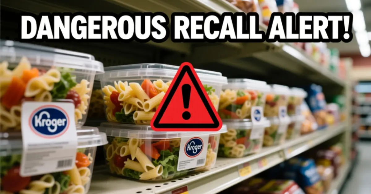 Kroger pasta salad recall warning with red alert text overlay highlighting listeria risk.