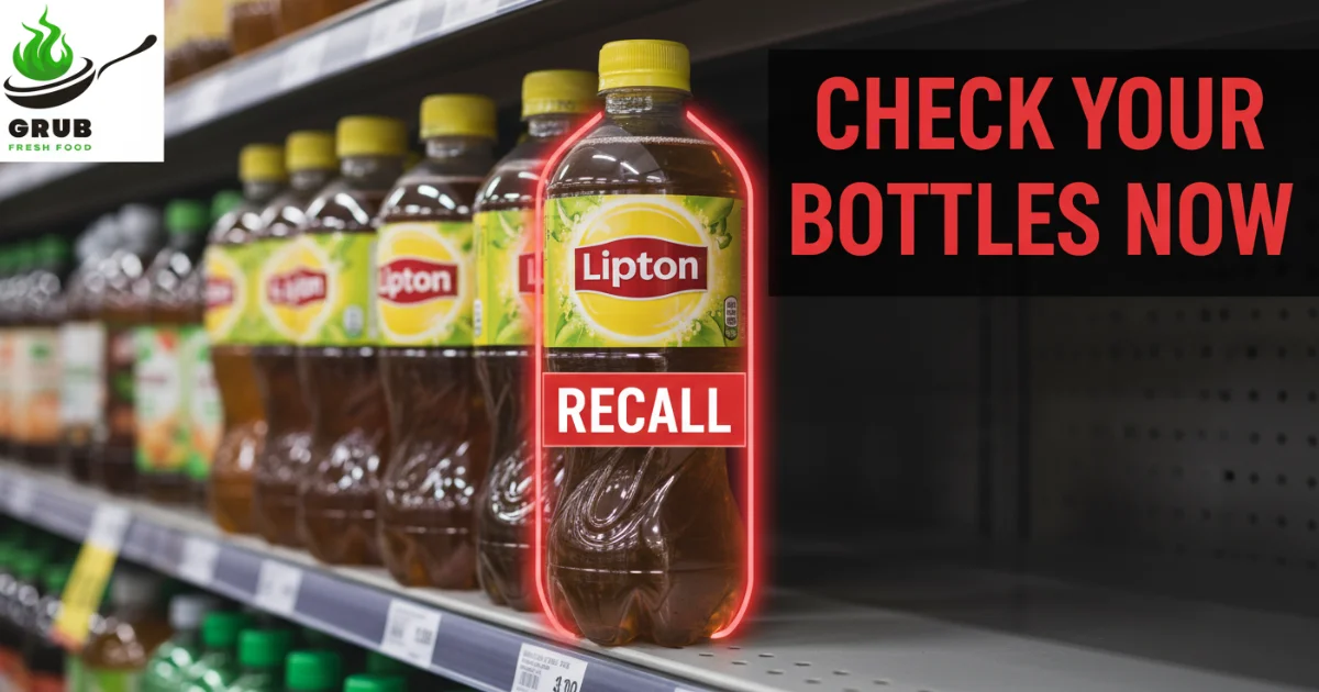 Lipton iced tea bottles with a red recall warning label and urgent text overlay.