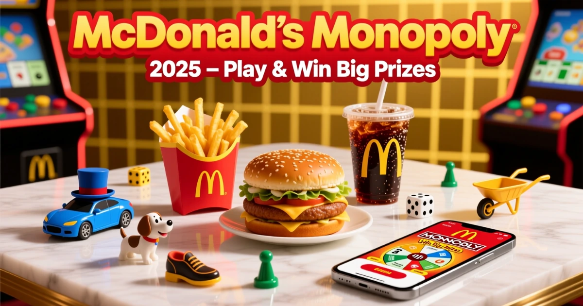 McDonald’s Monopoly 2025 promotion with burger, fries, Monopoly game pieces, and smartphone app screen