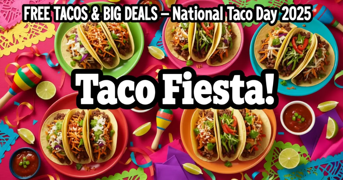 Assorted tacos with lime, salsa, and festive decorations celebrating National Taco Day 2025 deals.