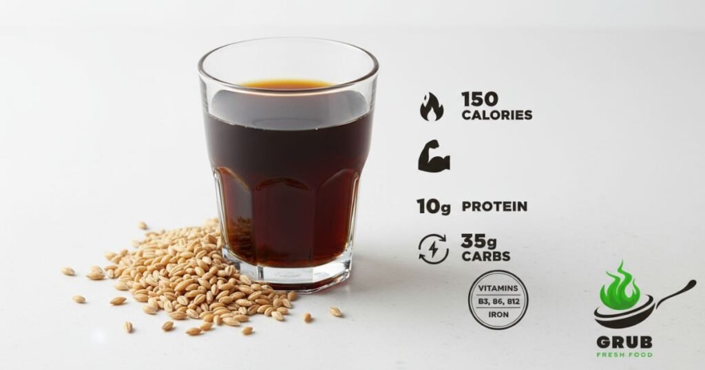 Nutrition facts of malt non alcoholic drink with calories, protein, and carbs.