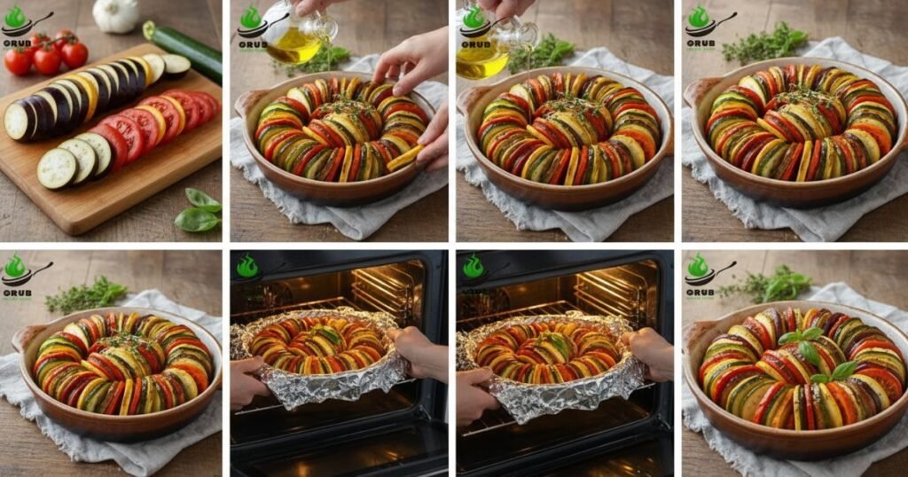 Step-by-step oven-baked ratatouille recipe in a dish with layered vegetables.