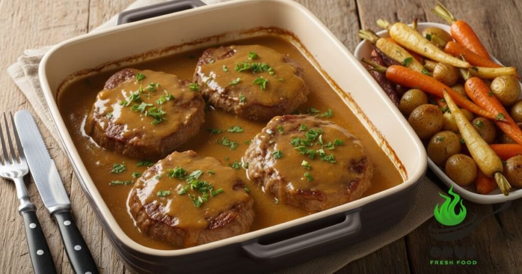 Oven-baked round steak with rich gravy and roasted vegetables.