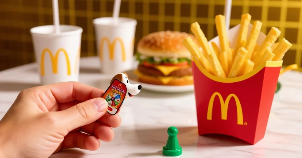 Hand peeling McDonald’s Monopoly game piece from fries packaging