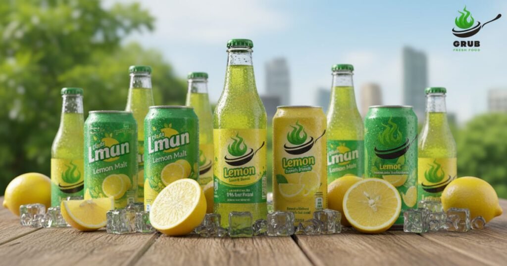 Popular lemon malt drink brands in Pakistan with bottles and cans on display