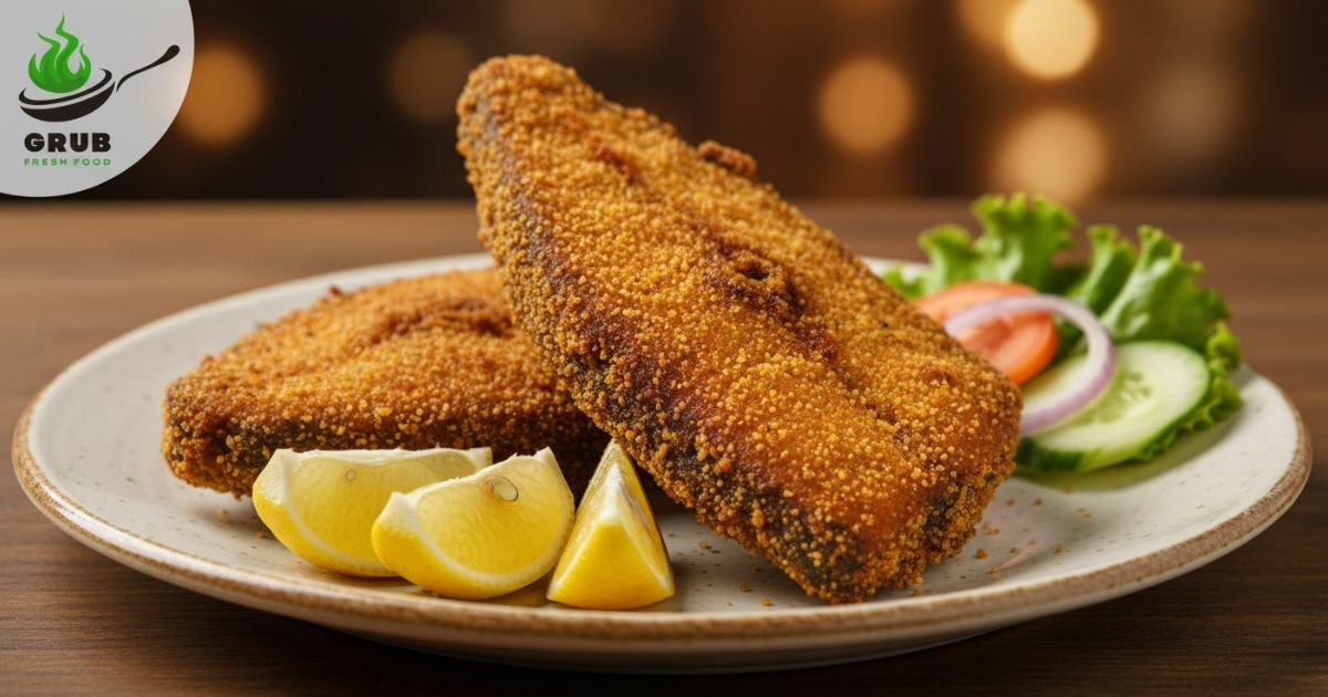 Crispy Rava Fish Fry with lemon and salad