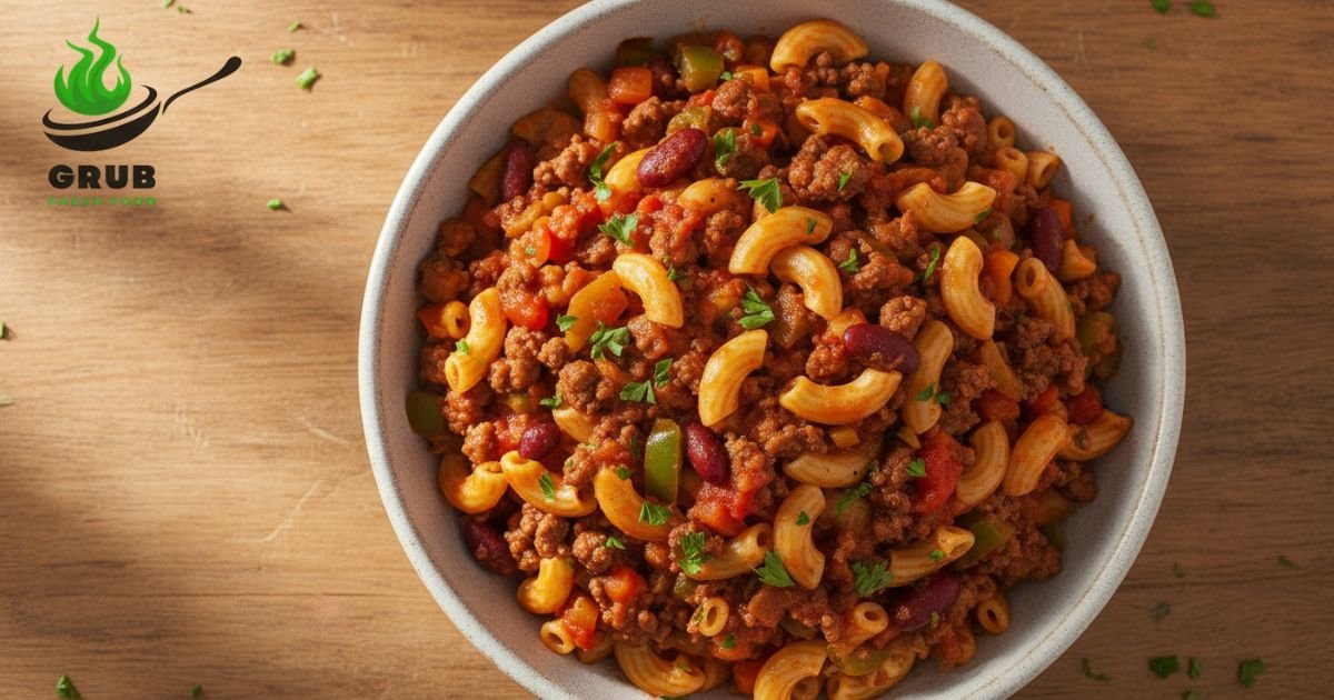 American Chop Suey with macaroni, ground beef, tomato sauce, and vegetables in a rustic bowl.