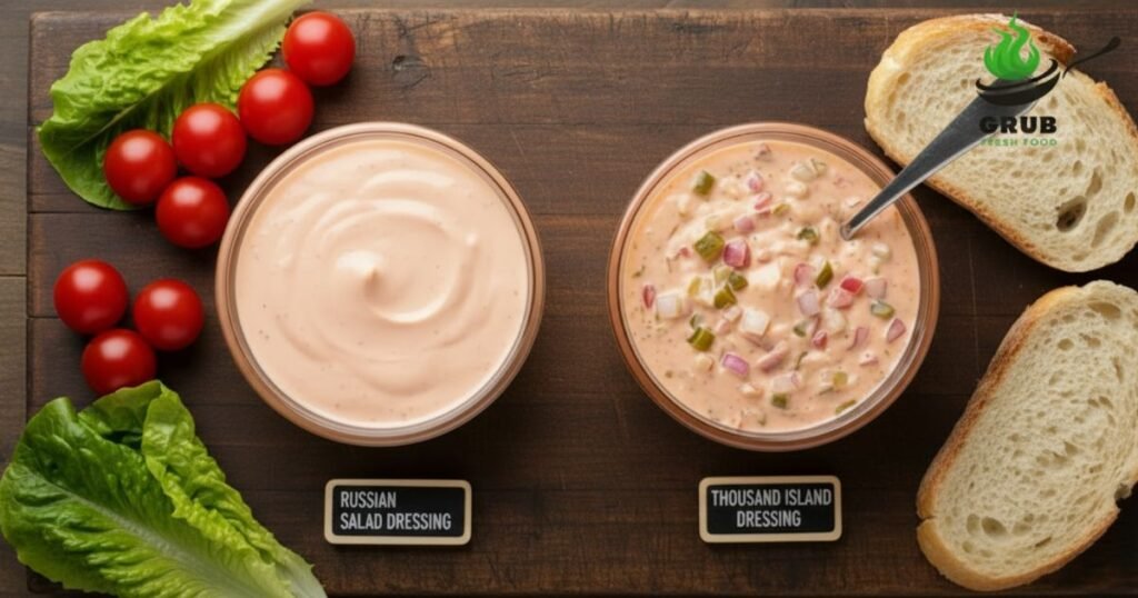 Russian salad dressing and Thousand Island dressing side by side in bowls.