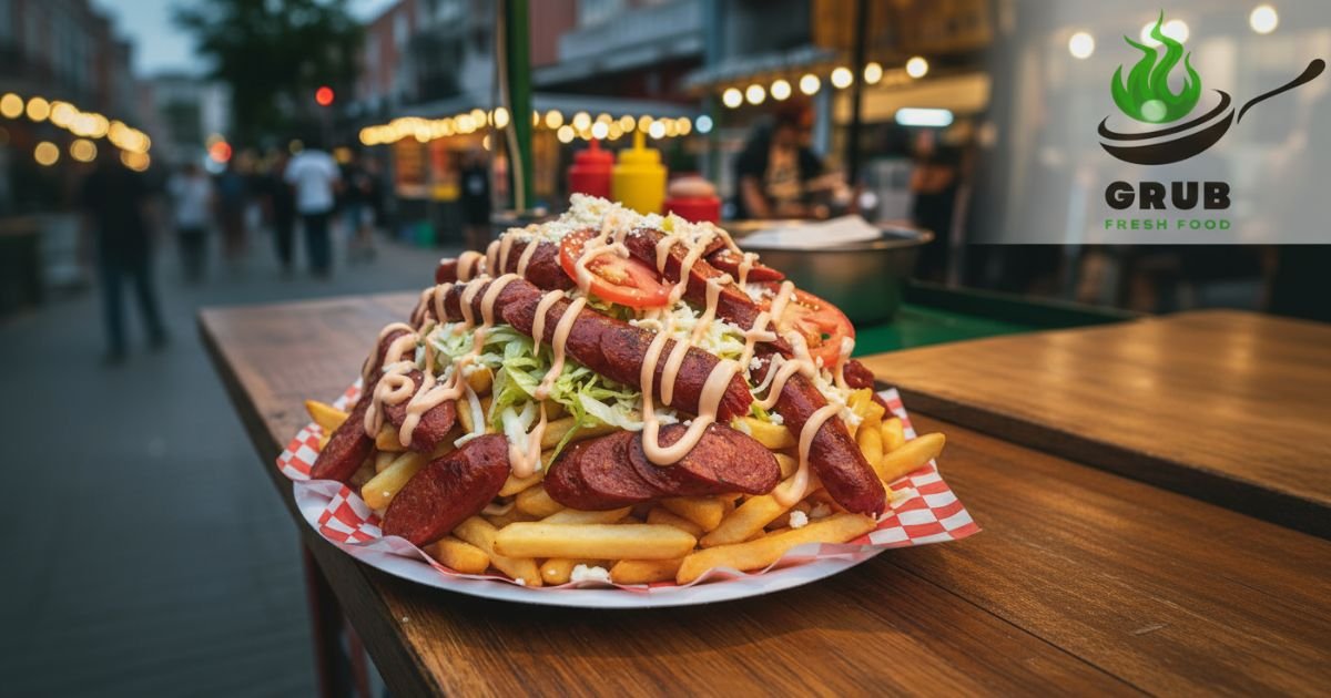 Salchipapa Colombia with fries, sausages, and pink sauce.