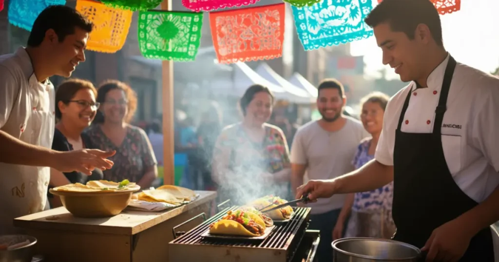 Street vendor serving fresh tacos at a festive stand for National Taco Day.