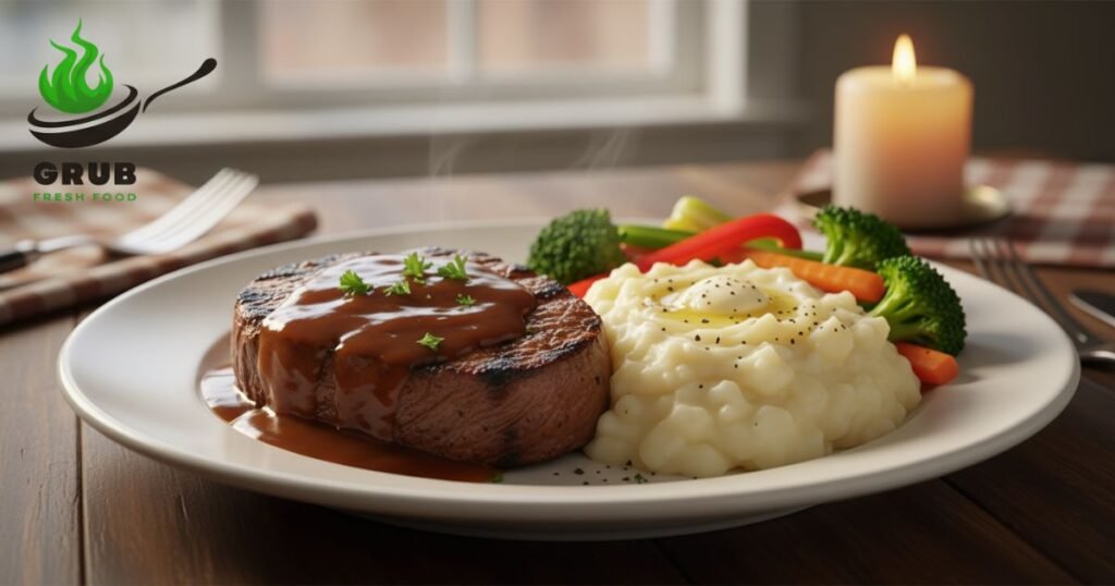 Round steak with gravy served with mashed potatoes and vegetables.