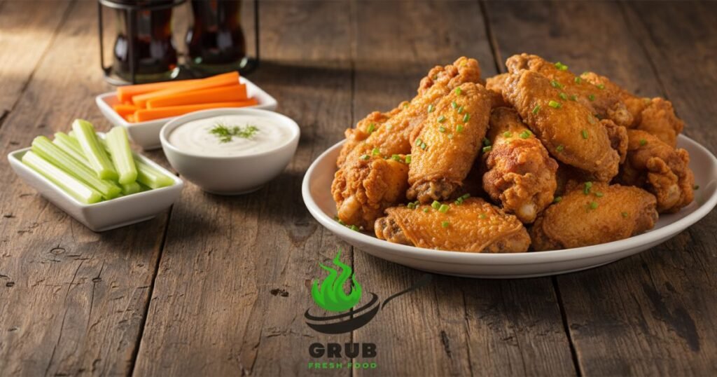 Crispy chicken wings with celery, carrots, and ranch dip.