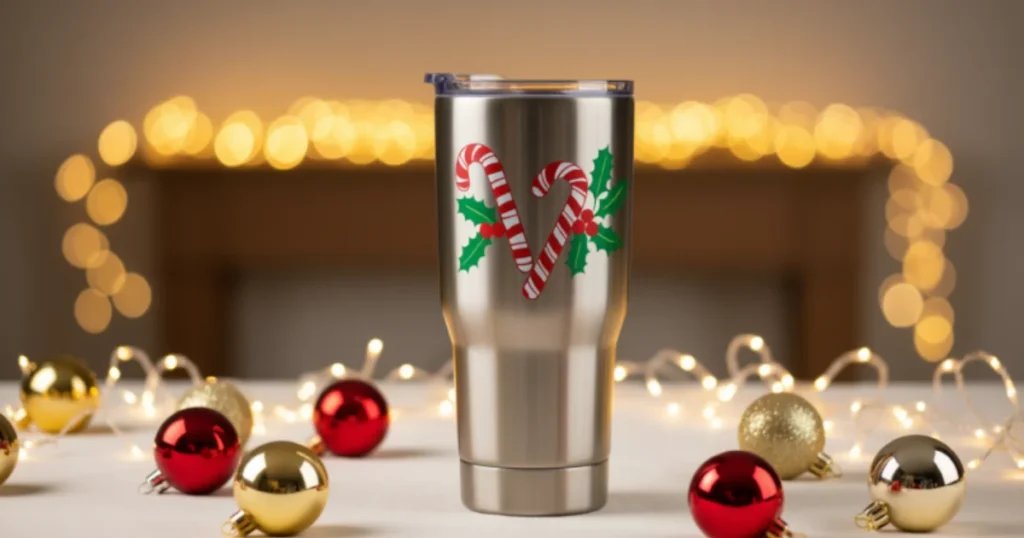 Dollar General’s Dolly Parton inspired stainless steel holiday tumbler with festive candy cane design.