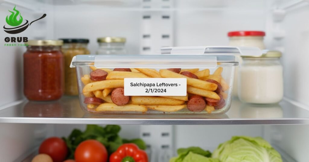 Leftover Colombian salchipapa stored in a container in the refrigerator.