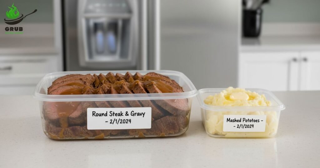 Stored round steak leftovers in a container, ready for refrigeration or freezing.