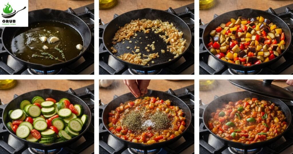 Step-by-step stovetop ratatouille recipe cooking process in one image.
