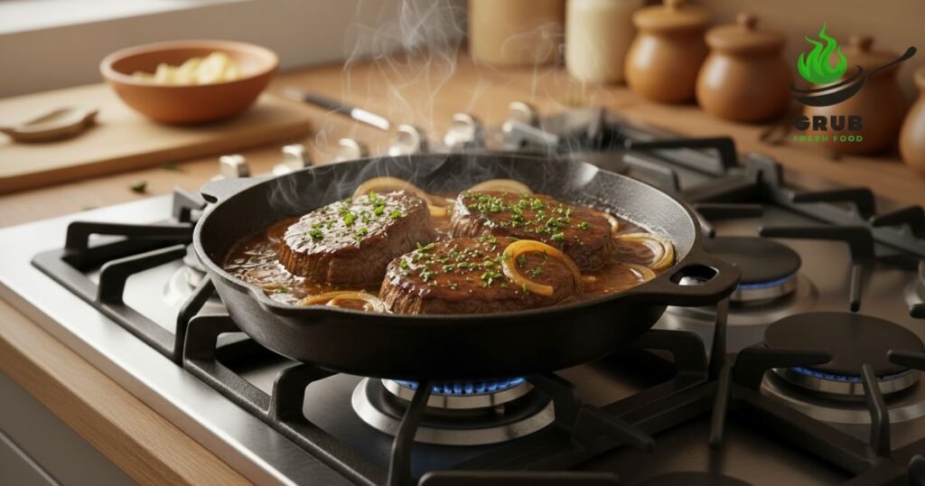 Stovetop round steak cooking in skillet with gravy and onions.