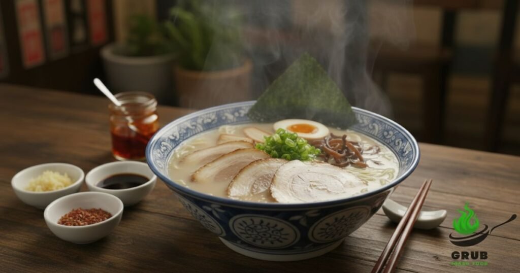 Homemade Hakata ramen with thin noodles in pork broth, chashu, egg, and toppings.