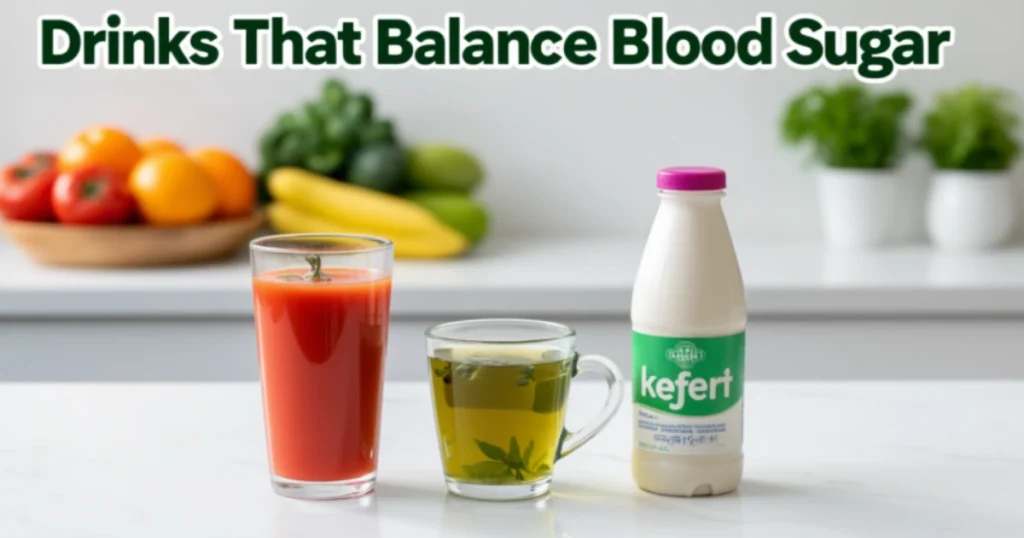 Tomato juice, green tea, and kefir shown together as drinks that help balance blood sugar naturally