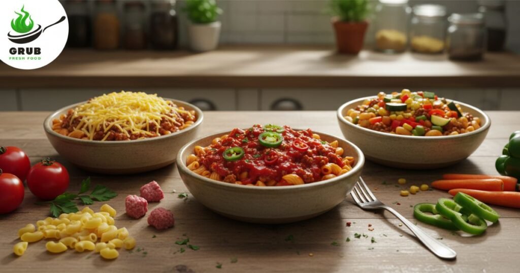 Three variations of American Chop Suey showing cheesy, spicy, and vegetable-added versions.