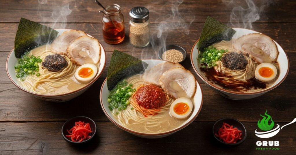 Different variations of Hakata ramen with pork, spicy miso, and garlic oil.
