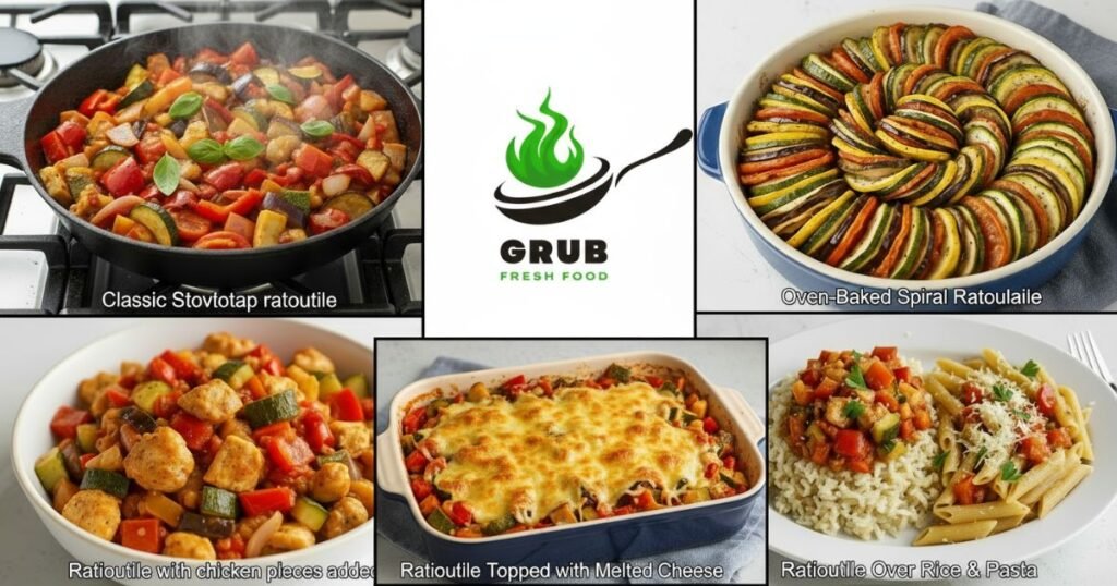 Different variations of ratatouille dishes including classic, baked, with chicken, over pasta, and with cheese.