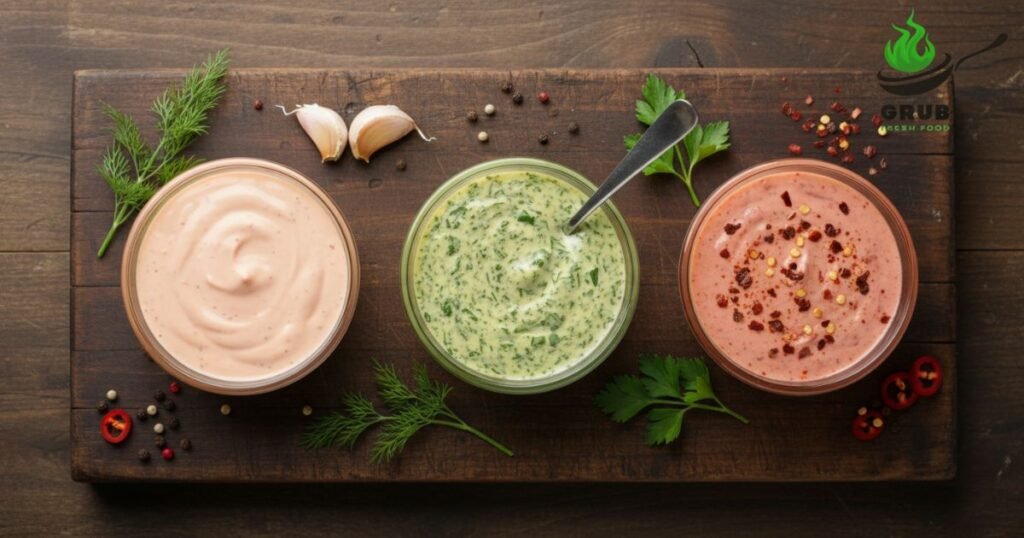 Different variations of Russian salad dressing in small bowls.