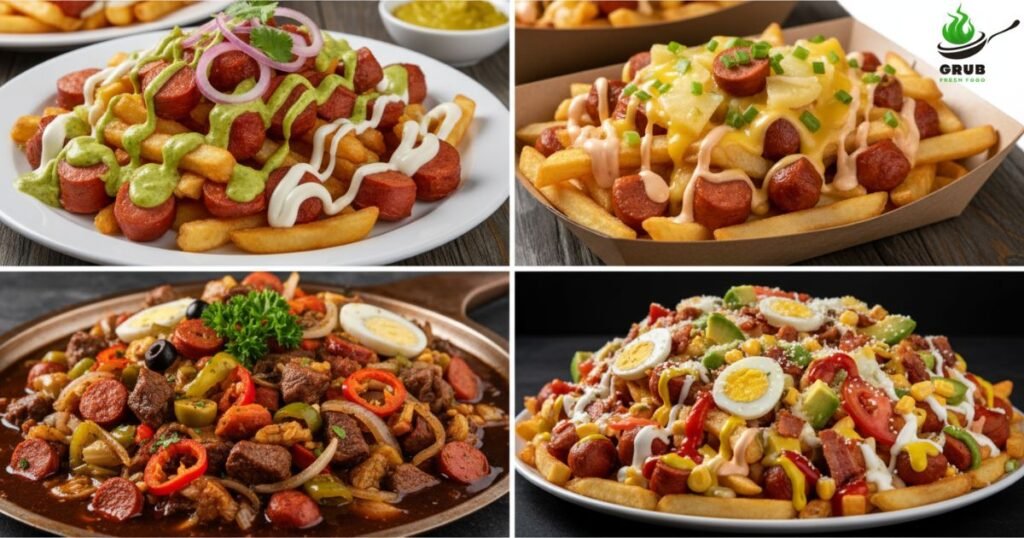 Different variations of salchipapa including Peruvian, Colombian, Bolivian, and Mixta styles.