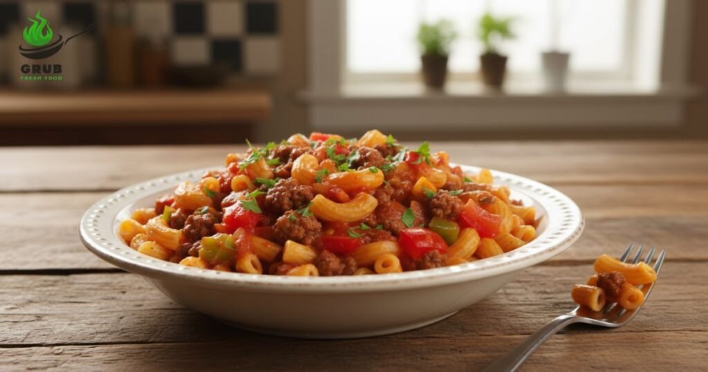 Bowl of Recipe American Chop Suey with macaroni, ground beef, tomatoes, and bell peppers garnished with parsley.