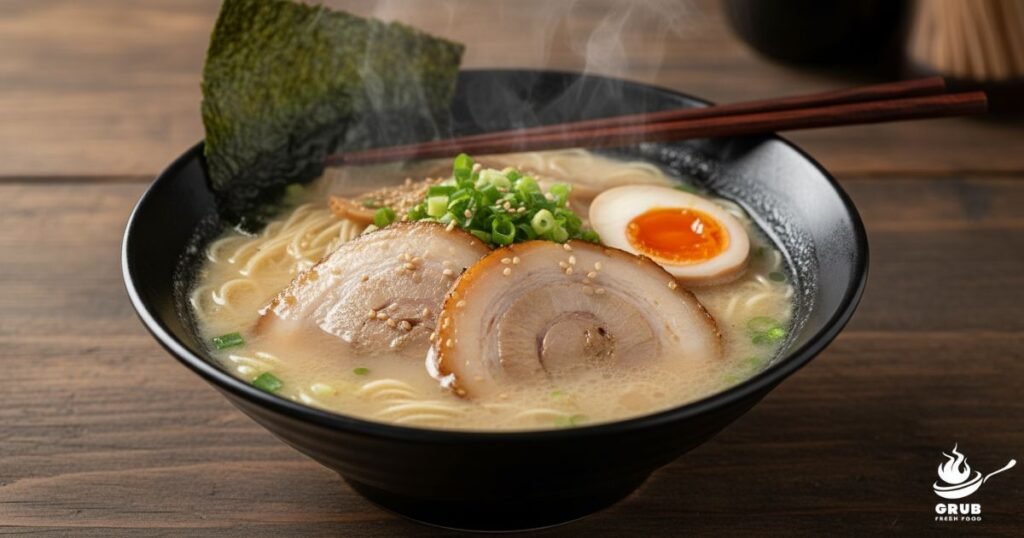 Hakata Ramen Recipe with pork bone broth, noodles, pork belly, egg, and nori.